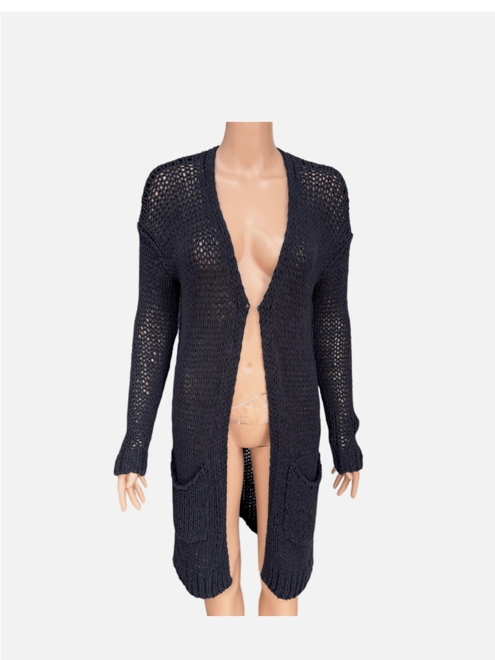 Free People Simply Sienna longline woven cardigan in navy/ black